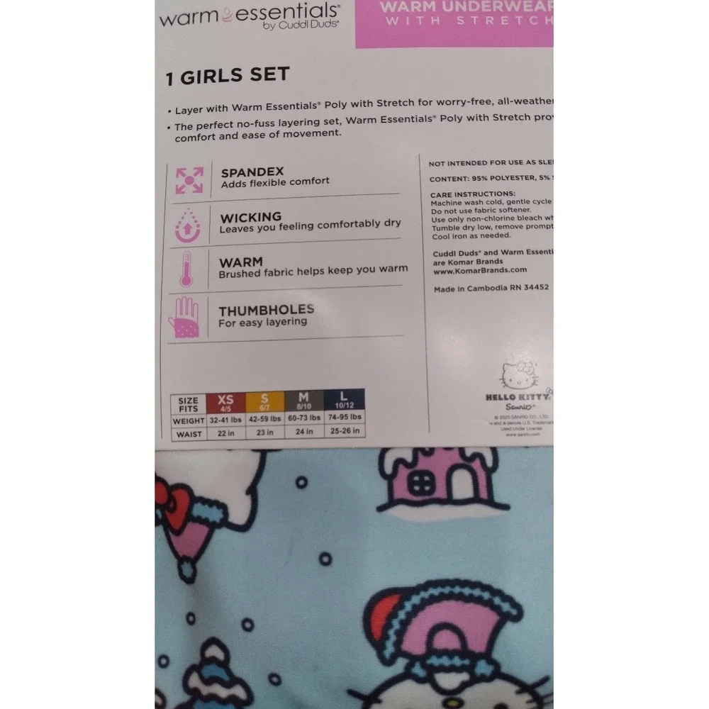 Hello Kitty Cuddl Duds Warm Essentials Warm Underwear With Stretch Size Large